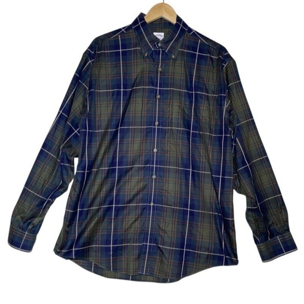 Brooks Brothers Shirt Men Sz L Non Iron Supima Cotton Blue Green Plaid Original